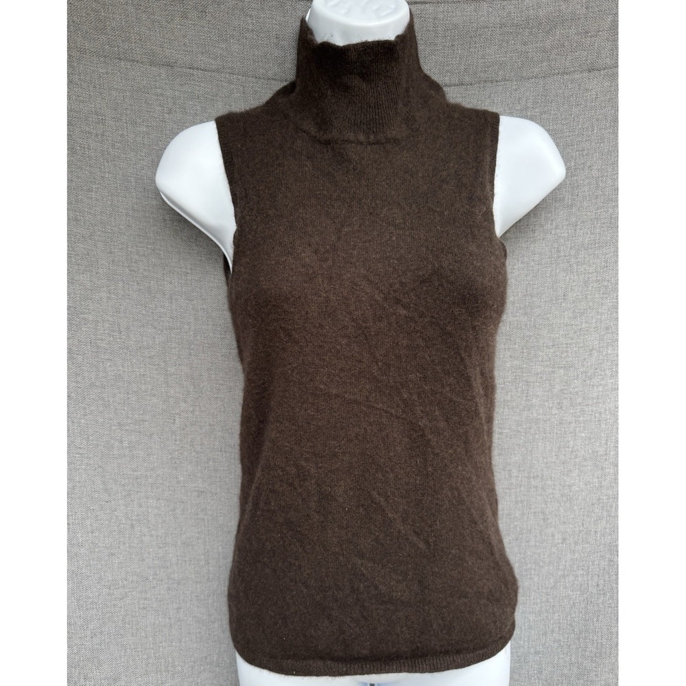 Pamella Roland Sleeveless Top Turtle Neck Cashmere Sz M Sleeveless Sweater Brown